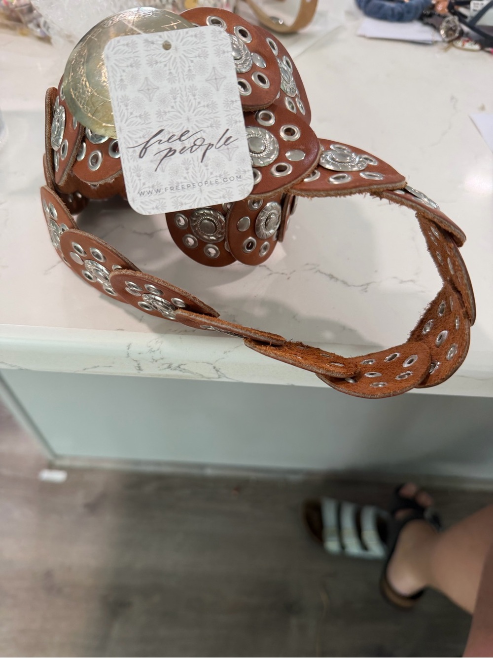 Free People Tan Leather Grommet Belt with Silver Accents